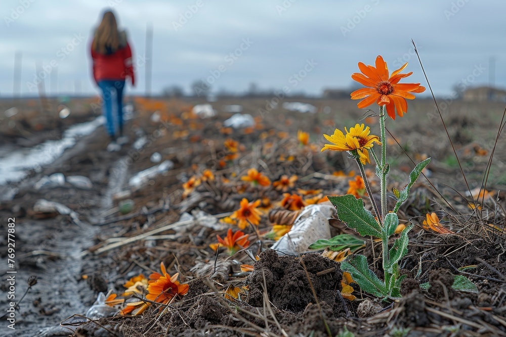 Obraz premium Contrasting the beauty of wildflowers, a single focus shows resilience in a polluted, muddy environment with a blurred figure in the background