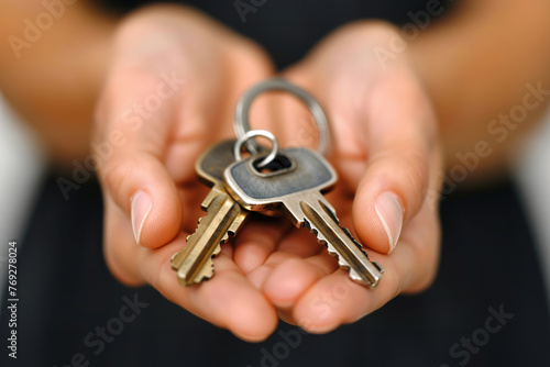 A professional-looking person smiles as they hold a key to a new home, dream of financial independence.