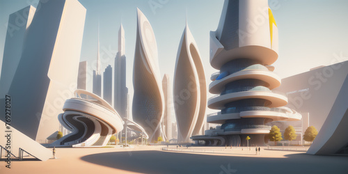 Imaginary design drawings of futuristic science fiction buildings