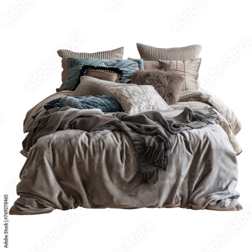 Messy Bed Unmade Sheets and Pillows on Transparent Background. Disheveled Bed with Crumpled Sheets cutout PNG