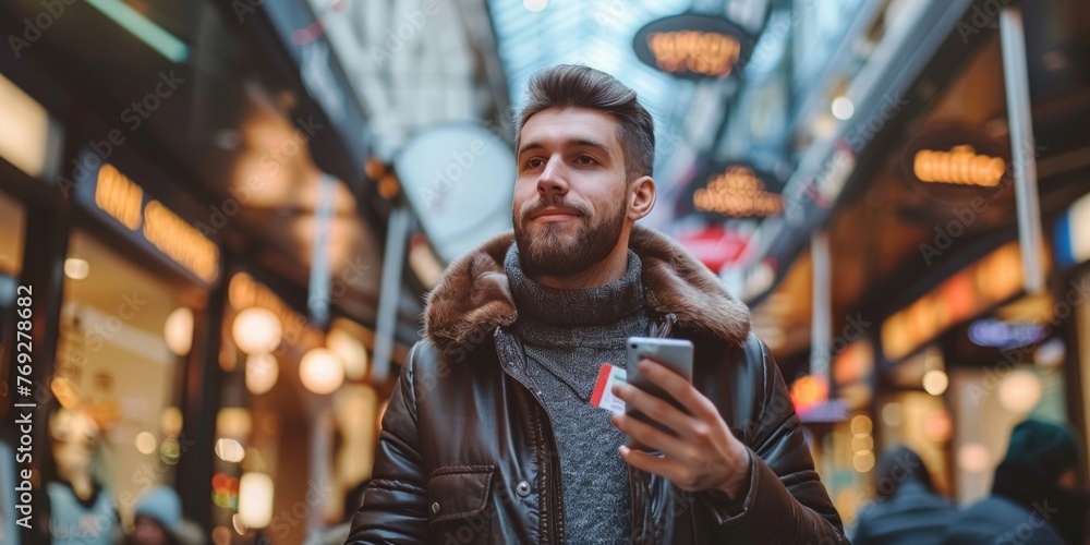 A stylish young man with a smartphone in hand, absorbed in technology while wandering through a bustling urban shopping mall. A stylish young man with a smartphone in hand, absorbed in technology while wandering through a bustling urban shopping mall.