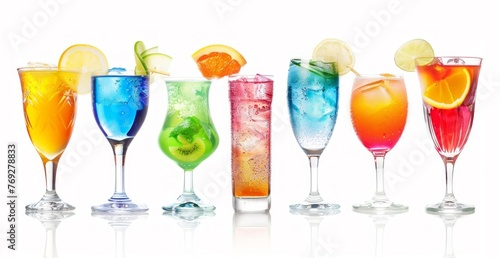An array of colorful cocktails in various glasses, representing refreshing summer drinks.