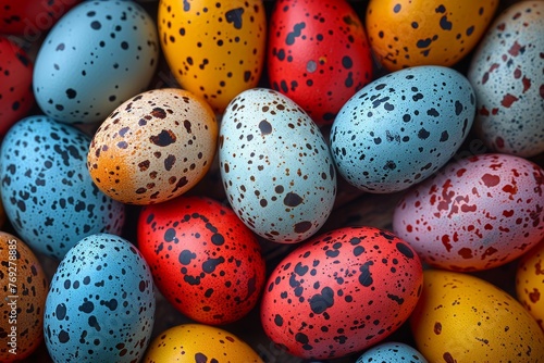 A close-up view of a large assortment of colorful speckled Easter eggs