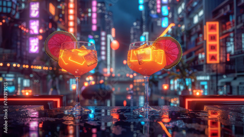 Two vibrant cocktails adorned with citrus  glowing under neon city lights on a wet surface.