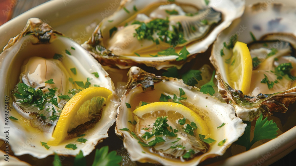 A plate filled with fresh oysters, accompanied by lemon wedges and parsley garnish. A plate filled with fresh oysters, accompanied by lemon wedges and parsley garnish.