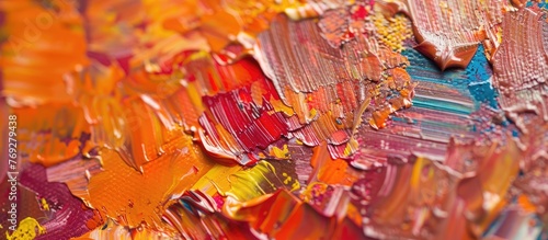 Abstract colorful oil painting texture on canvas close-up with autumn colors and brush strokes.