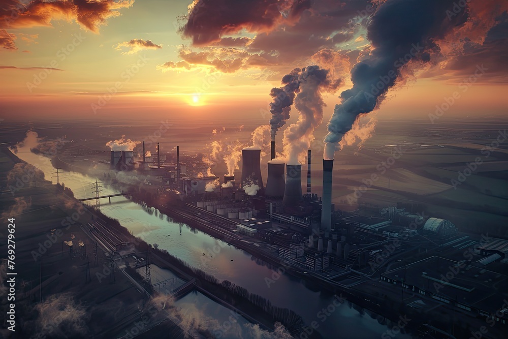 Aerial shot of coal fired power station Neurath in North Rhine Westphalia, Germany at sunset 