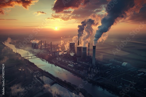 Aerial shot of coal fired power station Neurath in North Rhine Westphalia  Germany at sunset 