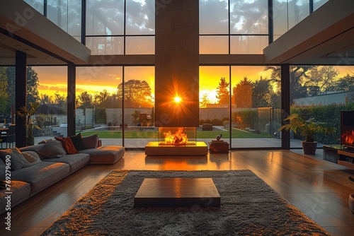 A luxurious living space with sleek, modern furnishing and a stunning central fireplace set against a sunset backdrop photo