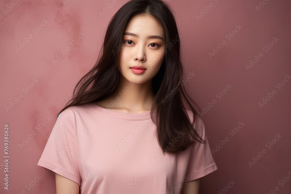 A stylish Asian woman, her dark hair neatly combed, confidently models a rosy shirt against a vibrant pink background, exuding a contemporary and chic vibe. Generative AI. A stylish Asian woman, her dark hair neatly combed, confidently models a rosy shirt against a vibrant pink background, exuding a contemporary and chic vibe. Generative AI.