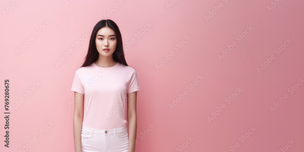Obraz premium A stylish Asian woman, her dark hair neatly combed, confidently models a rosy shirt against a vibrant pink background, exuding a contemporary and chic vibe. Generative AI.
