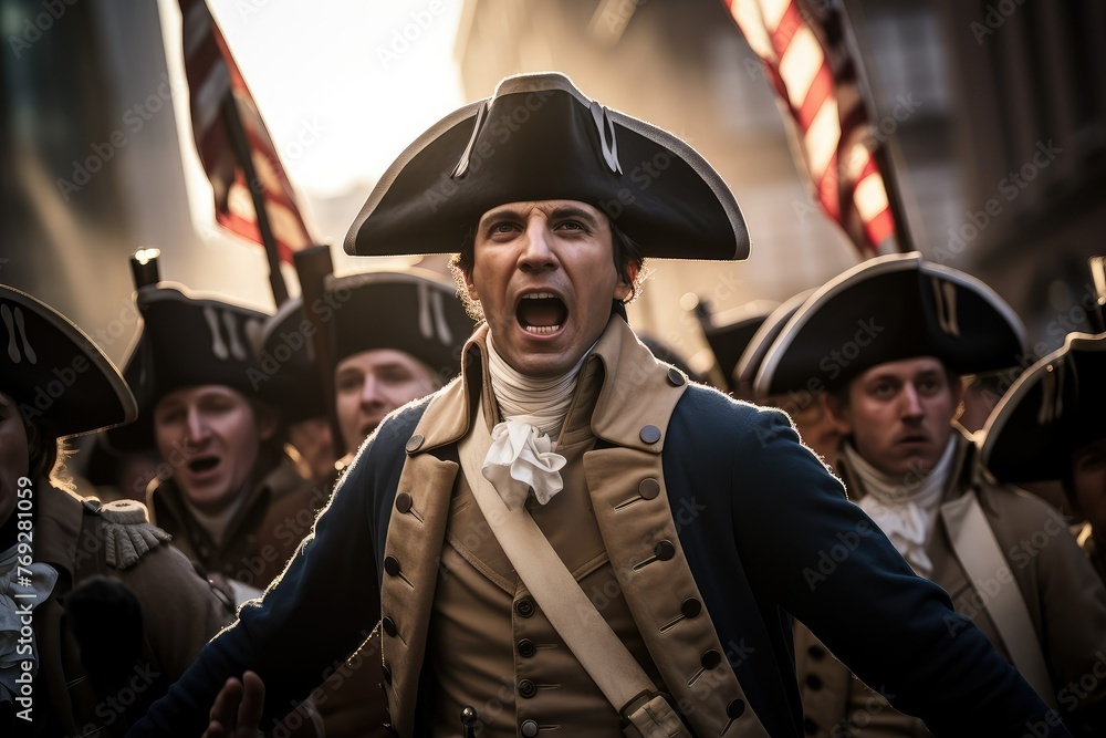 A group of men don colonial attire, complete with tricornered hats and