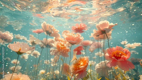 Digital flowers in underwater fantasy scene abstract graphic poster web page PPT background