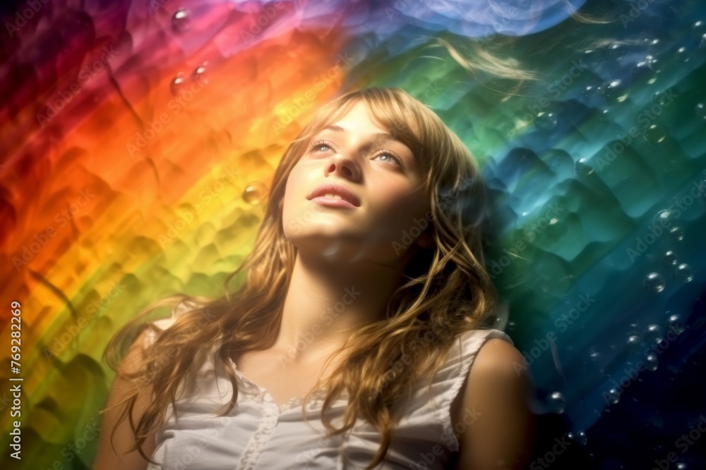 Chic and Vibrant model strikes a pose against a colorful rainbow smoke background, creating a mesmerizing play of light and shadow. Generative AI. Chic and Vibrant model strikes a pose against a colorful rainbow smoke background, creating a mesmerizing play of light and shadow. Generative AI.