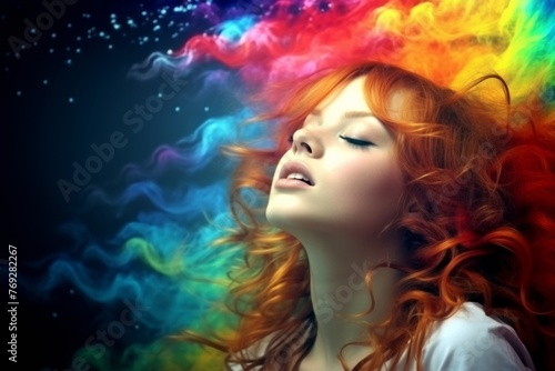 Chic and Vibrant model strikes a pose against a colorful rainbow smoke background, creating a mesmerizing play of light and shadow. Generative AI.