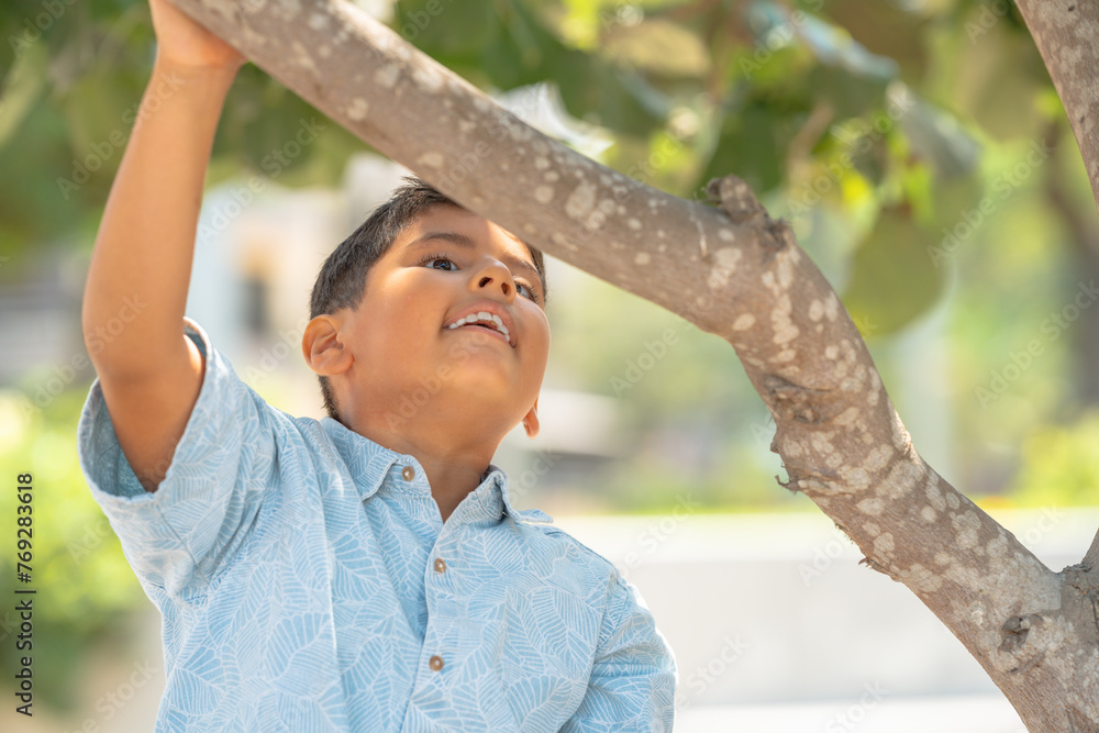 Schoolboy playing with a tree in a park Schoolboy playing with a tree in a park