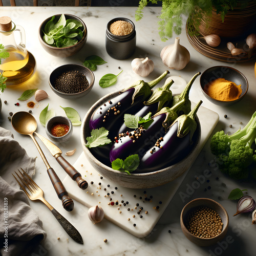 Eggplant Moju with Mustard Seeds on Marble Counter photo