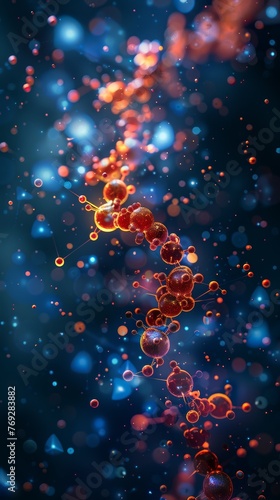 An abstract illustration of a dynamic molecular structure with vibrant particles and connections, set against a deep blue backdrop with light bokeh effects.