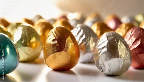 chocolate easter eggs wrapped in colorful aluminum foil on white background delicious chocolate easter eggs in holiday easter day concept