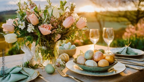 easter table setting with spring bouquet and pastel easter eggs easter morning
