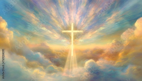 resurrection light cross shape in clouds risen jesus ascends to heaven scene