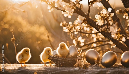 easter background in shades of brown and yellow with chicks easter eggs and flower covered tree branches