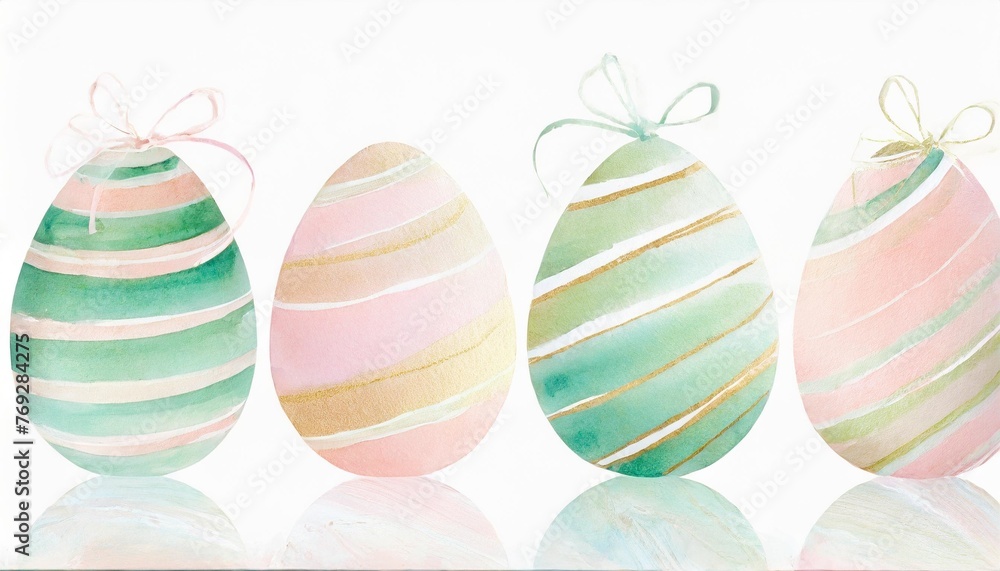 easter holiday celebration banner greeting card set collection of colorful painted pastel pink and green striped easter eggs isolated on white table texture