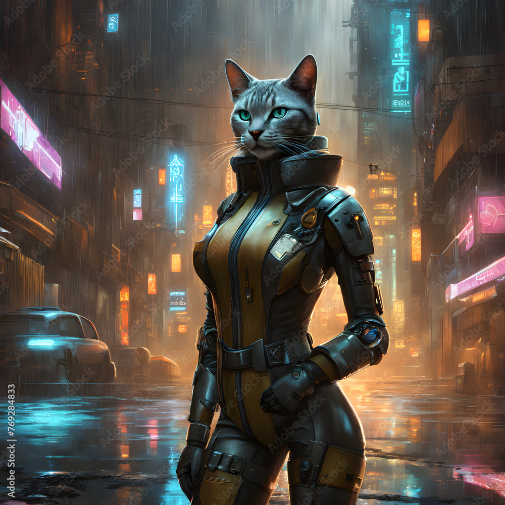 Imagine a futuristic anthropomorphic feline robot girl, decked out in a