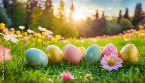 a group of painted easter eggs sitting on top of a lush green grass covered field next to a forest filled with pink and yellow flowers on a sunny spring day
