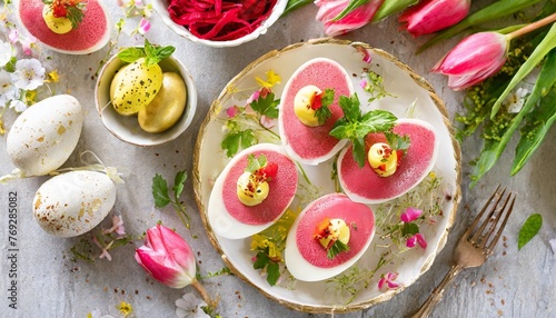 stuffed pink boiled deviled eggs with paprika pepper and mayonnketo americanse as an appetizer colored with beetroot easter food with easter bunny and spring flowers top view