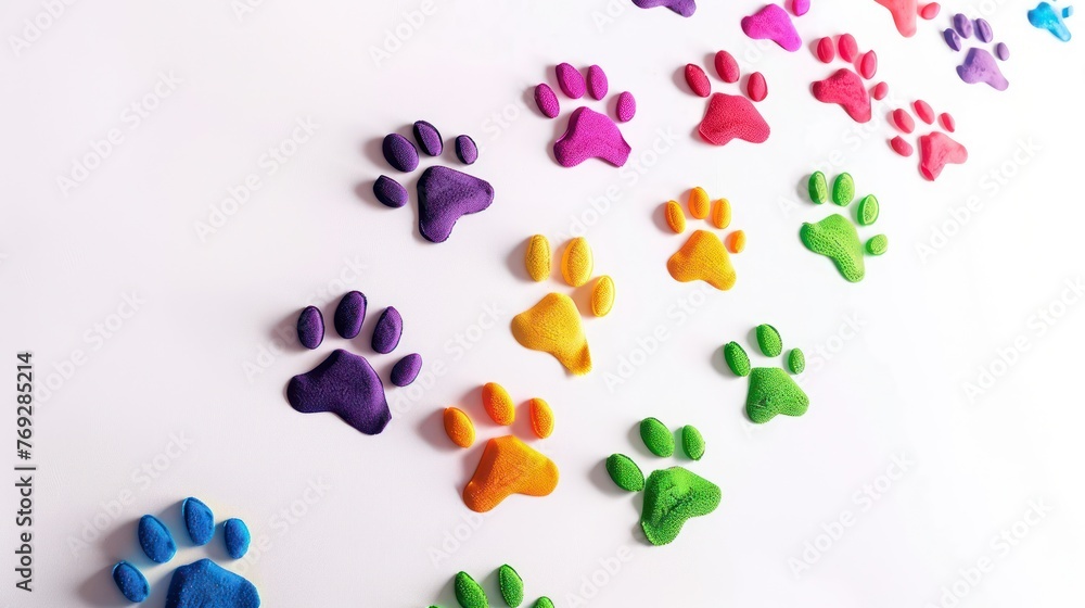 A footprints, paw print path Dog paws. Kitten. Paw prints of bright colors of animals, silhouettes on a white background. A footprints, paw print path Dog paws. Kitten. Paw prints of bright colors of animals, silhouettes on a white background.