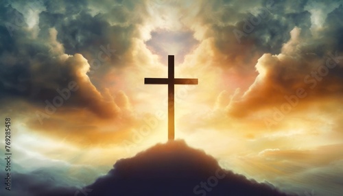 silhouette of a cross against a background of thunderclouds and light calvary easter concept resurrection of jesus photo