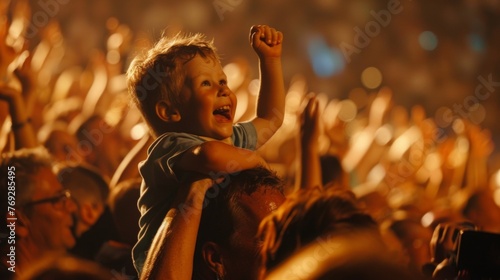 A young boy sits atop fathers shoulders eyes wide with excitement as cranes neck to see over the cheering crowd. . . photo