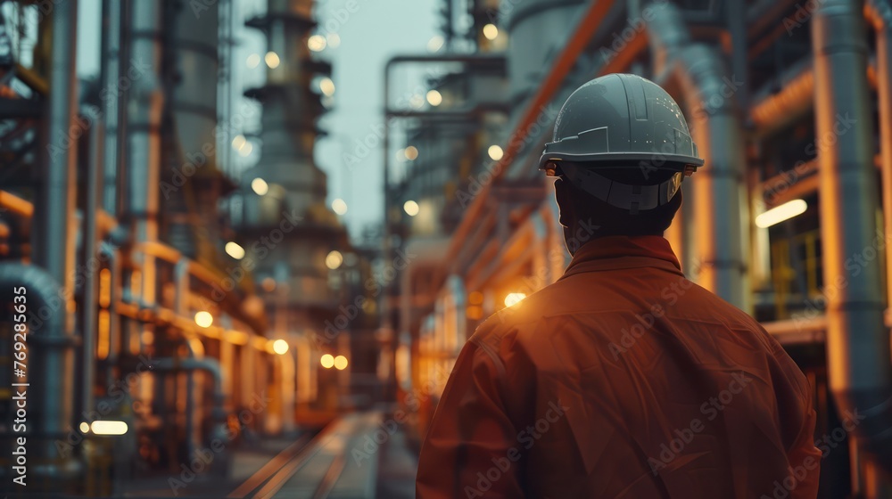 close-up of industrial pipes of oil refinery, back of engineer, technician, reading drawing, drawing, industrial engineering, blueprint, industrial background. close-up of industrial pipes of oil refinery, back of engineer, technician, reading drawing, drawing, industrial engineering, blueprint, industrial background.