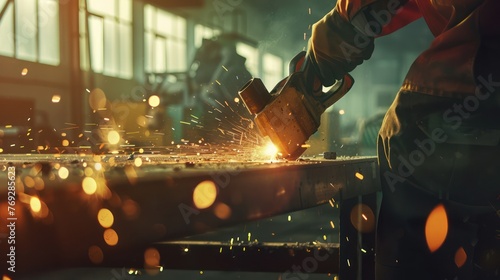 A Worker in heavy industrial engineering factory interior with worker using angle grinder and cutting metal photorealistic studio lighting. photo