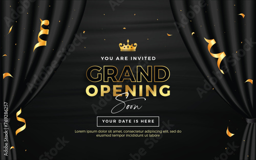 Realistic grand opening invitation banner with black curtains, golden elements and 3d editable text effect
