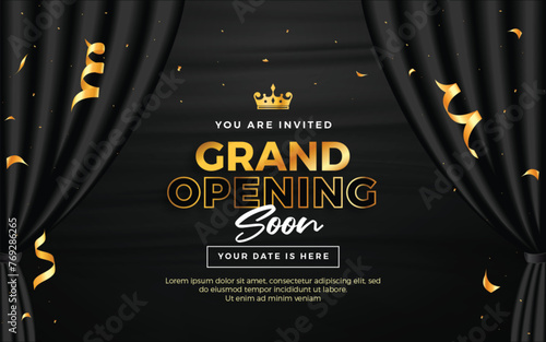 Realistic grand opening invitation banner with black curtains, golden elements and 3d editable text effect