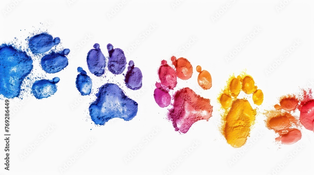 A footprints, paw print path Dog paws. Kitten. Paw prints of bright colors of animals, silhouettes on a white background. - obrazy, fototapety, plakaty 