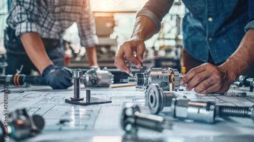 A Close-up view of engineers and technicians designing and engineering mechanical parts. Industrial engine factory, blueprints, bearing measurement, calipers, tools, industrial background. © Phoophinyo
