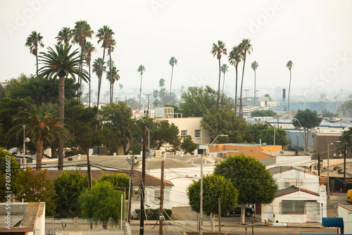 Palm trees frame the urban core of downtown Inglewood, California, USA.