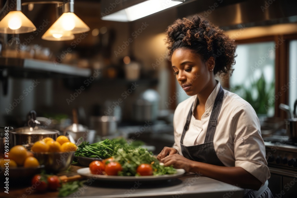 African chef woman preparing food menu in restaurant kitchen