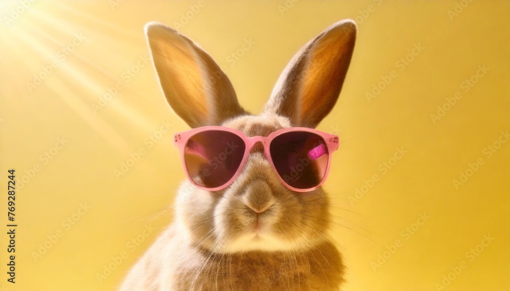 funny easter concept holiday animal celebration greeting card cool easter bunny rabbit with pink sunglasses isolated on yellow background