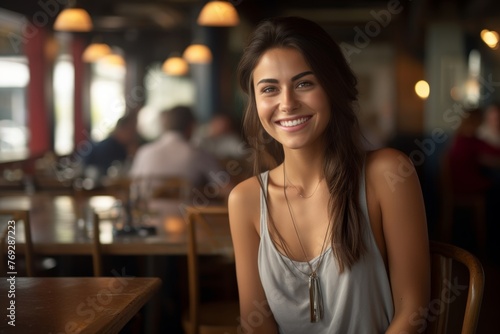 Beautiful young woman smiles joyfully, enjoying a delightful dining experience at a lively restaurant. Generative AI. © Surachetsh