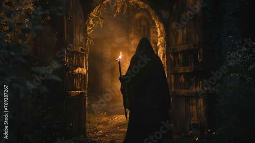 A lone figure stands at the entrance of the tavern their hand on the door as they look out into the forest. The flickering torchlight . .