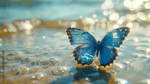 Digital blue butterfly on the surface of crystal transparent water fantasy scene abstract graphic poster web page PPT background © jinzhen