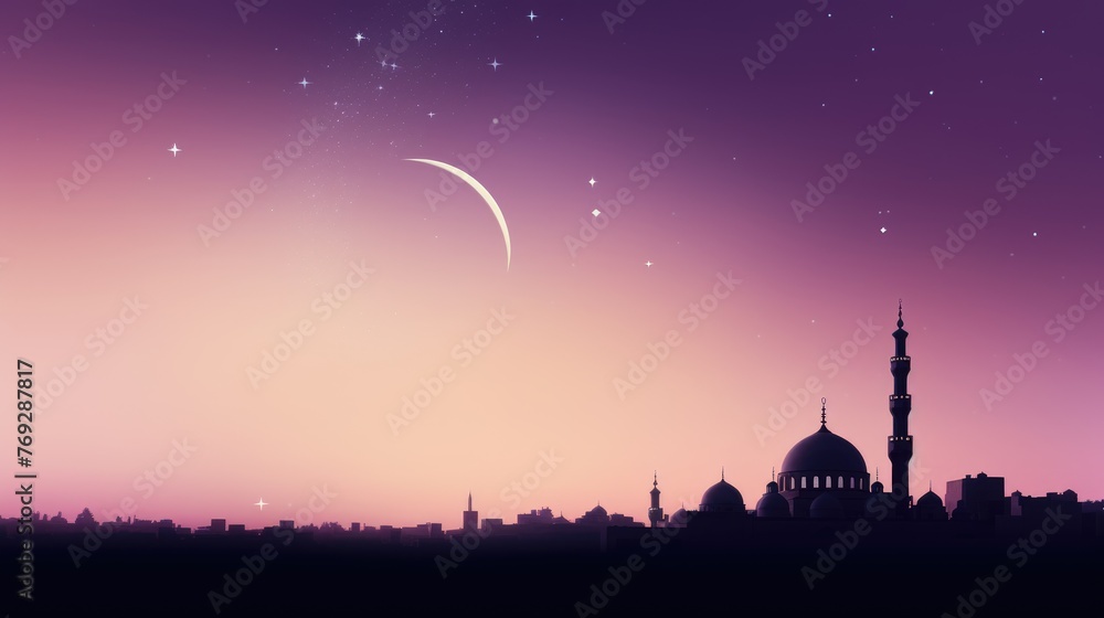 Ramadan and Eid Crescent and Mosque Silhouette, A crescent moon and mosque silhouette on starry night background. 