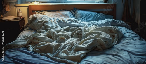Blankets on a rumpled bed in an unoccupied dim room