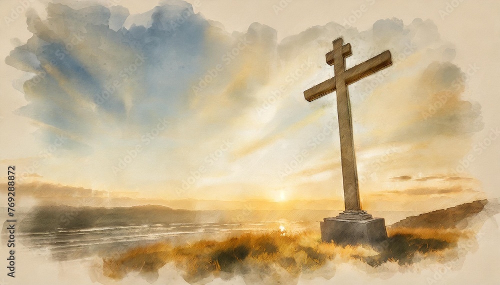 watercolor drawing with a cross a symbol of the christian faith background with selective focus and copy space