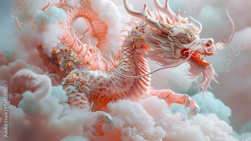 Chinese dragon on clouds with gold ornament and jewels poster background