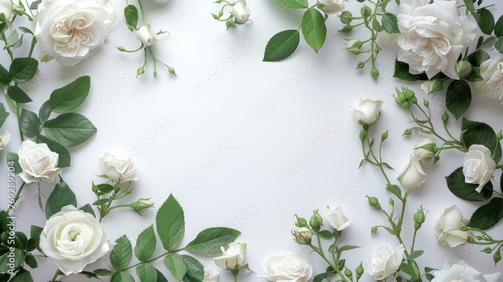 Elegant frame adorned with white roses and soft green leaves, eternal union against white